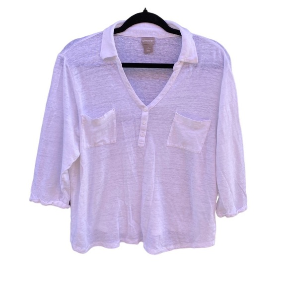 Chico’s White 100% Linen Collared Henley Top Sz 3 - Picture 1 of 9